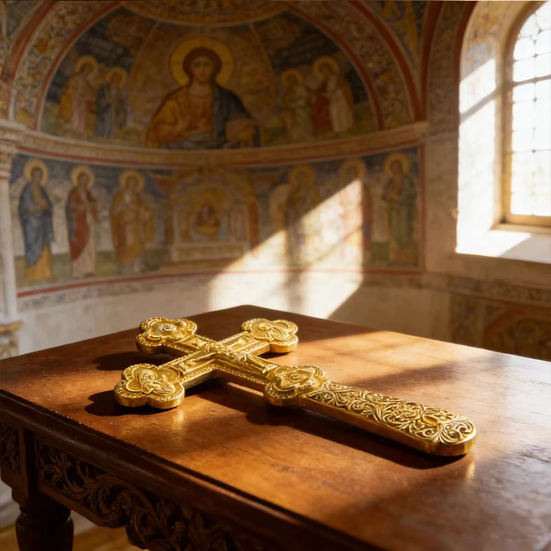 HTISOK Neues Elegantes Goldfarbenes Orthodoxes Handkreuz mit Blumengravuren für Kirchengottesdienste und Persönlichen Spirituellen Schutz – Detail 13