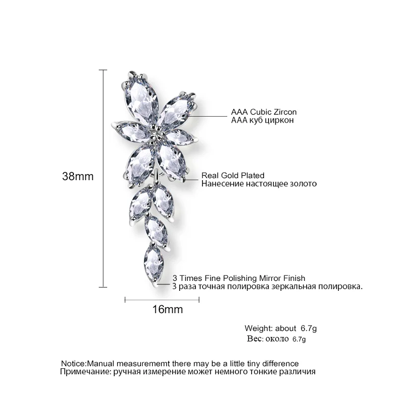 Uilz Fashion Crystal Zirconia Long Drop Earrings for Women Leaf Shape Ear Accessories Creative Shiny CZ Bridal Wedding Jewelry
