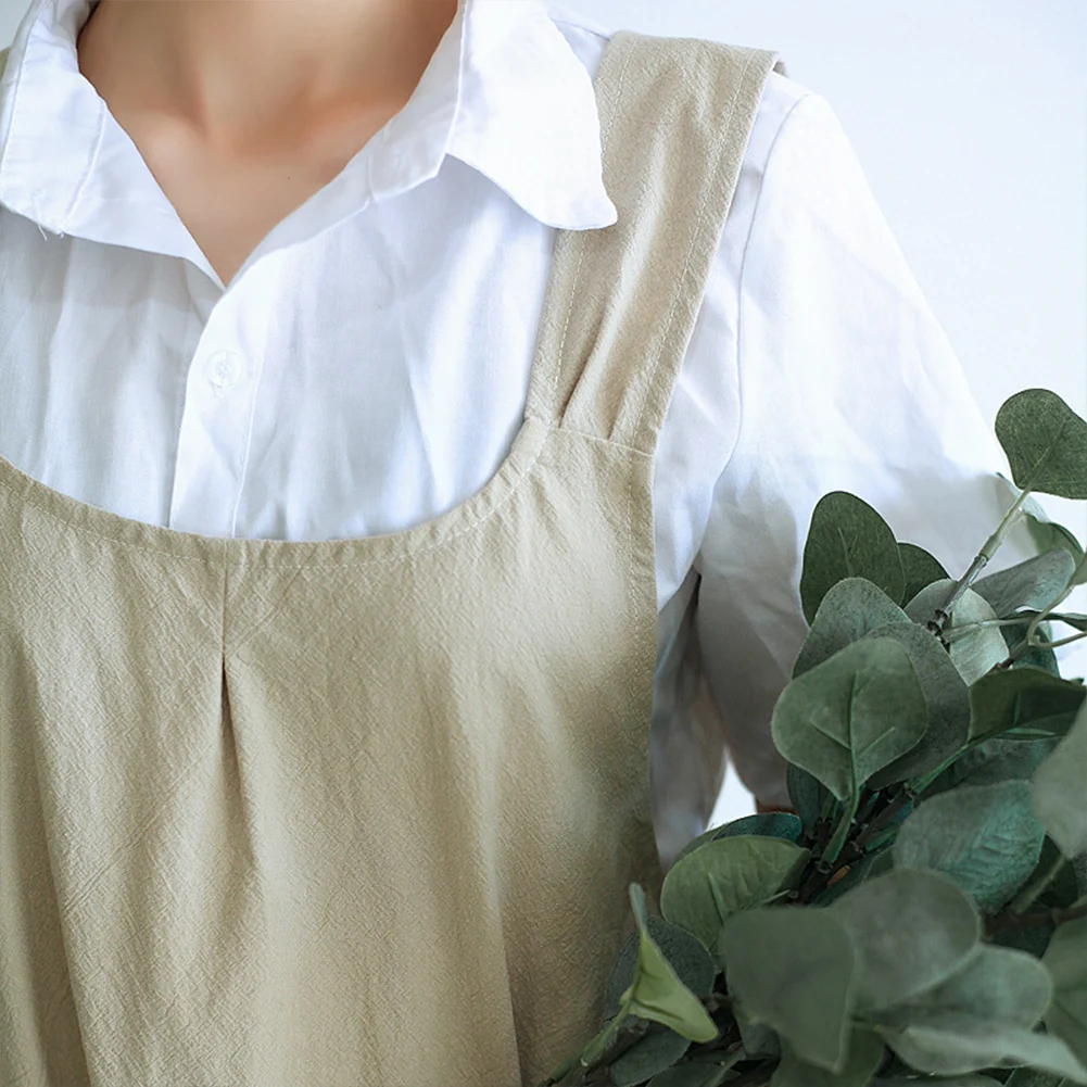 Baumwoll-Leinen-Schürze, überkreuzte Schürze mit 2 geräumigen Taschen zum Kochen, Backen, Grillen und Grillen, Küchenschürze – Detail 8