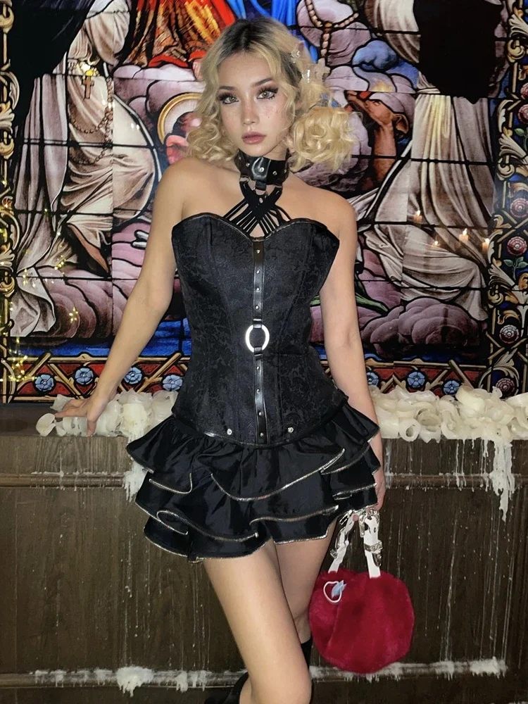 

New Subcultural Y2k Halter Neck Steam Punk Waistband Fish Bone Wrapped Chest Corset Slim Fit Tube Camisole Tops for Women Plus