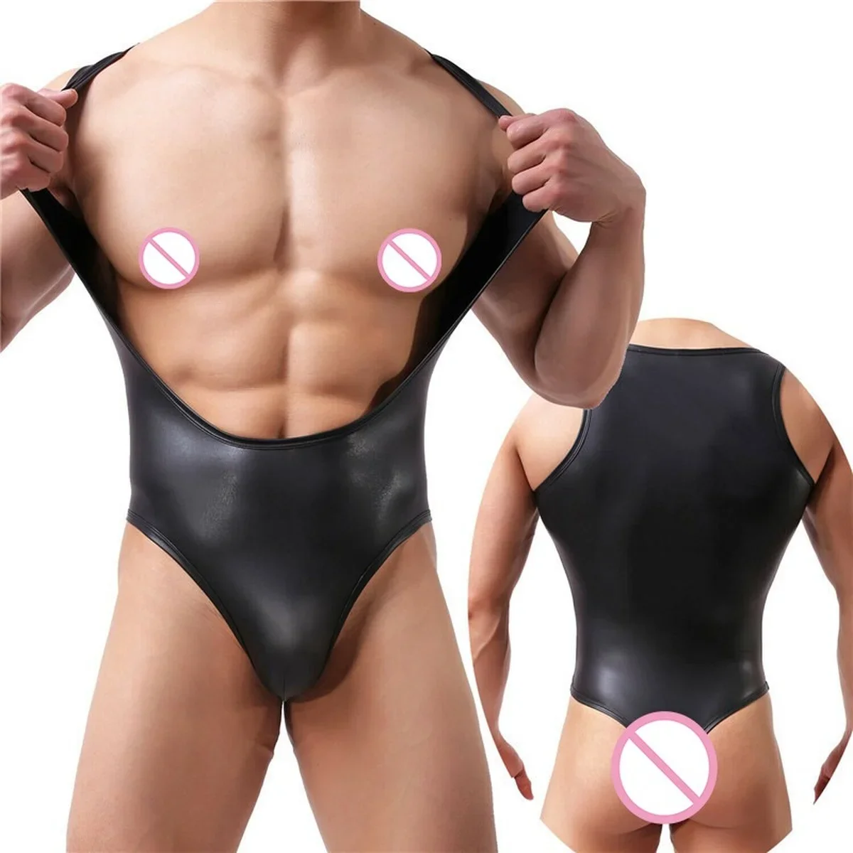 Sexy Men's Wetlook Faux Leather One Piece Bodysuits Jumpsuits Open Butt Tights Catsuits Male Fetish Costume Party Dance Clubwear