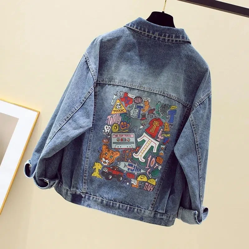 

2024 New Printed Denim Jacket Women Spring Autumn Fashion Loose Casual Jeans Coat Female Single Breasted Short Top Outerwear
