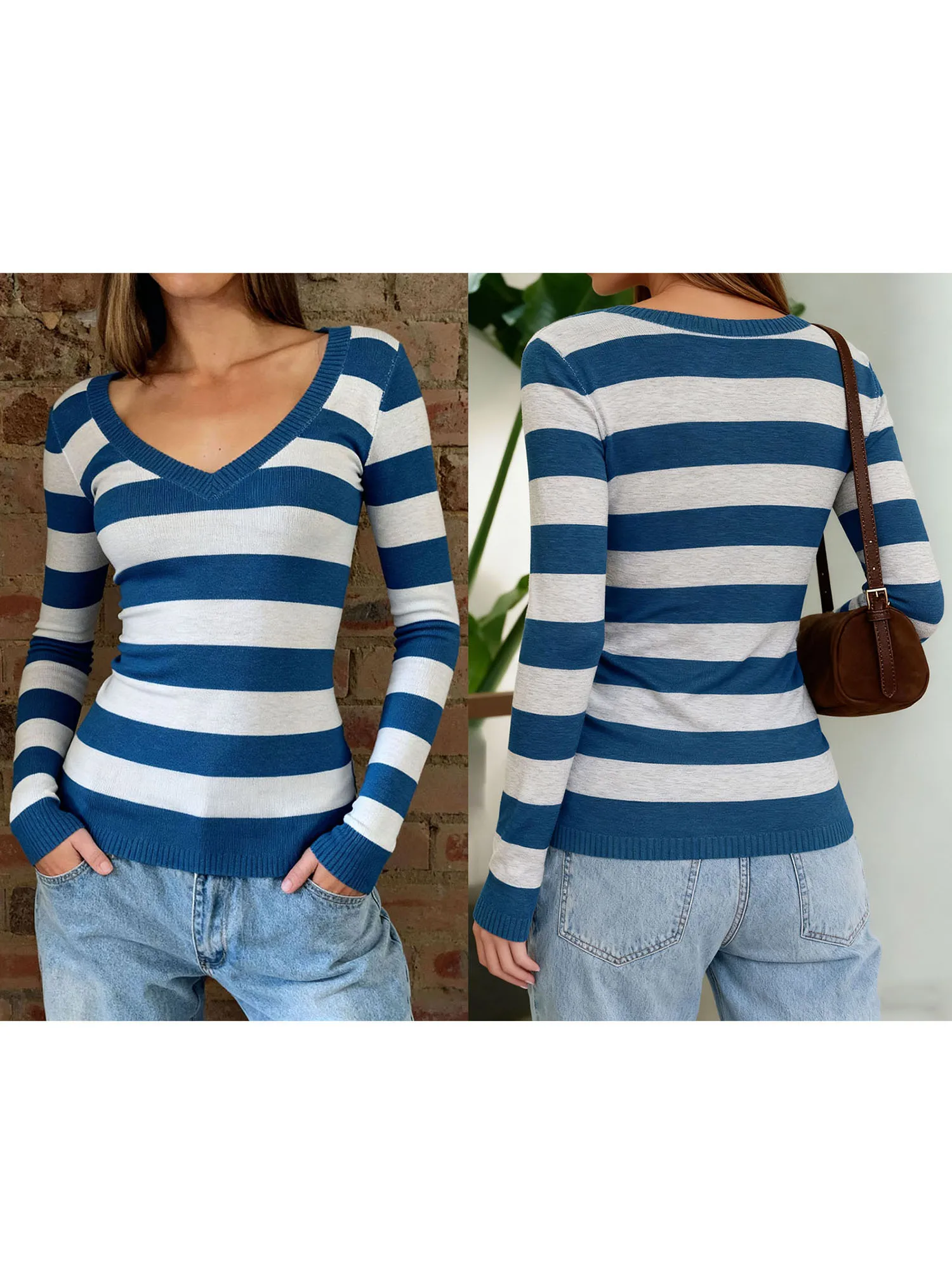 Women s Cozy Knit Pullover Sweater with V Neckline and  Fit Long Sleeve Striped Knitwear Top for Autumn and Winter