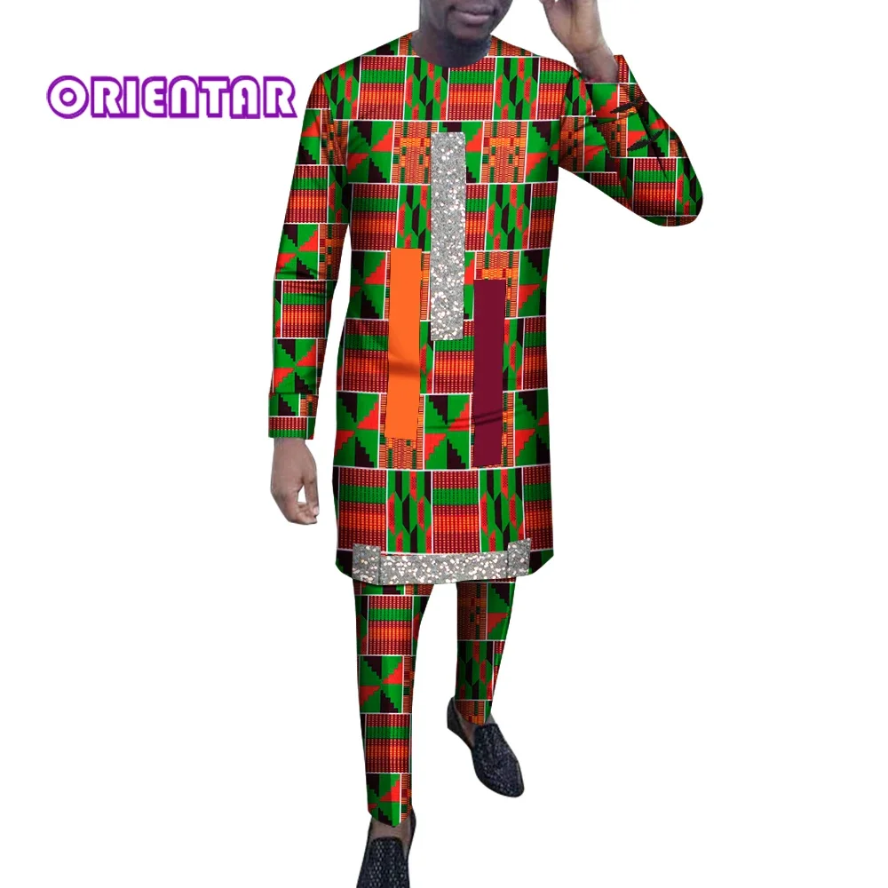 African Clothing Men\'s Print Set Long Shirts+Trousers Custom Made Ankara Fashion Male Groom Suits African Clothes Party WYN1554