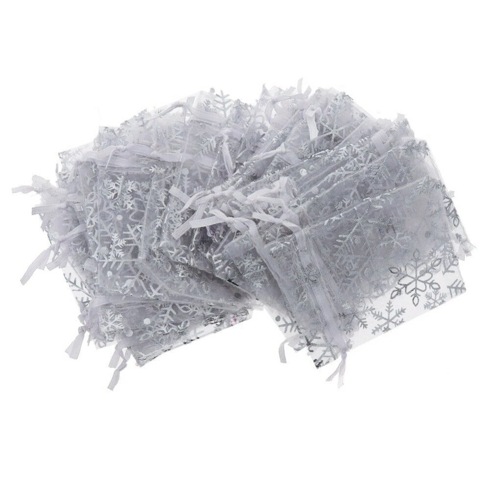 

100pc Gift Wrapping Gauze Bag Organza Bag Wedding Party Pouch Snowflake Foil Stamping Gauze Bag Jewelry Gift Display Packing Bag