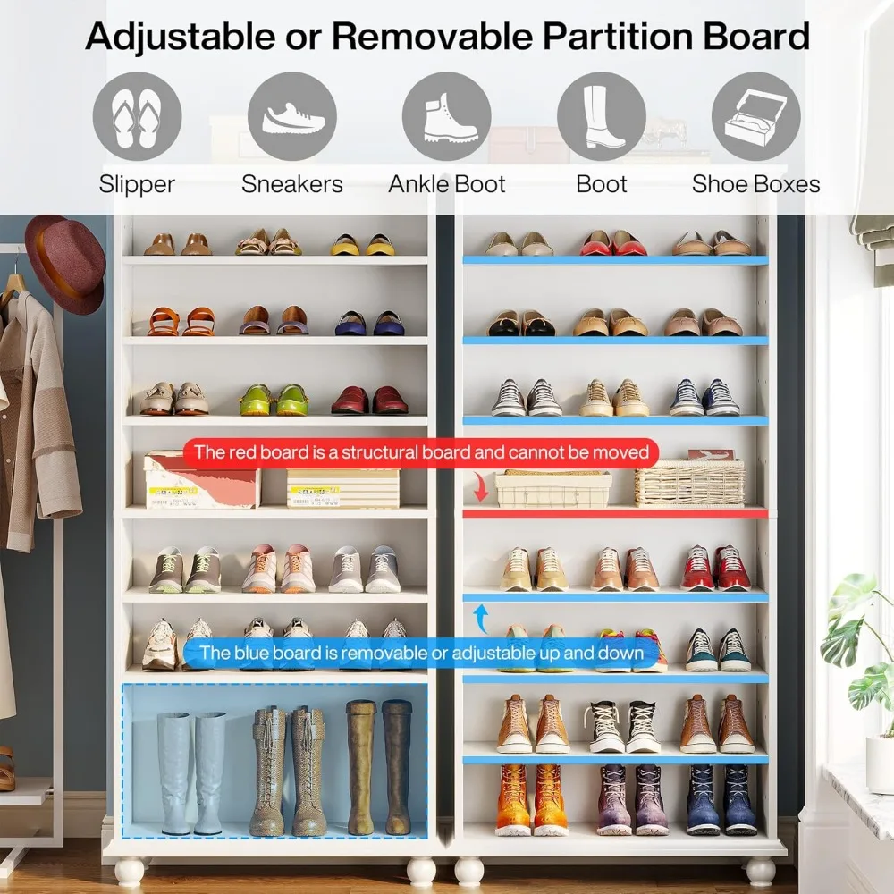 9-Tier Shoe Storage Cabinet with LED Lighting, 30 Pairs Narrow Tall Freestanding Shoe Cabinet, White Wood Shoe Organizer 4