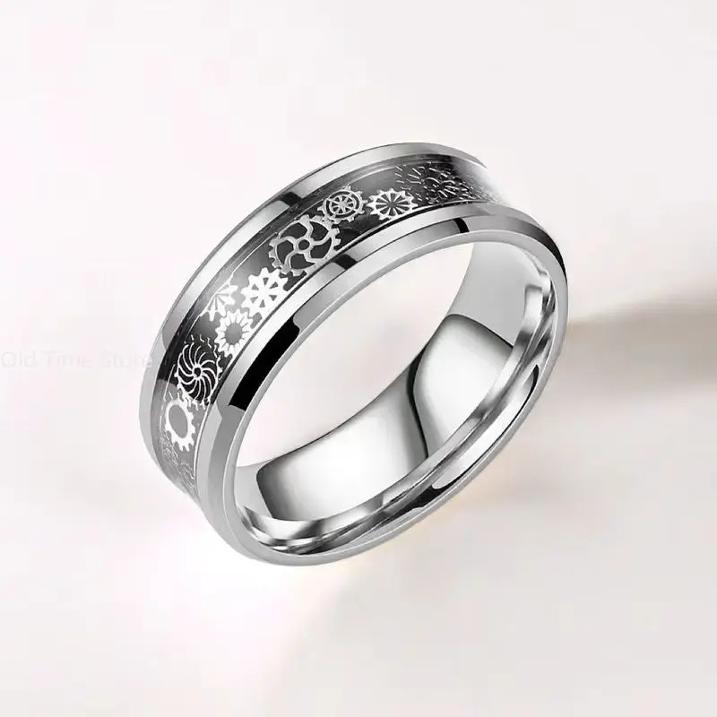 Fashion Men's 8mm Gold Color Groove Beveled Edge Tungsten Wedding Carbon Fiber Ring Punk Gear Wheel Stainless Steel Ring For Men wedding rings