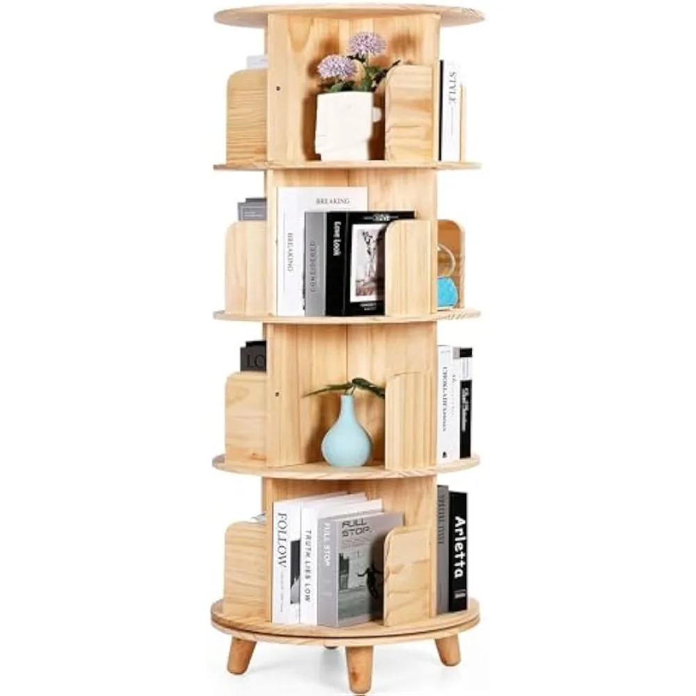 

4 Tiers 360 Spinning Bookshelf with Detachable Feet Revolving Bookcase Solid Wood Corner Bookshelf Organizer Display Bookshelf