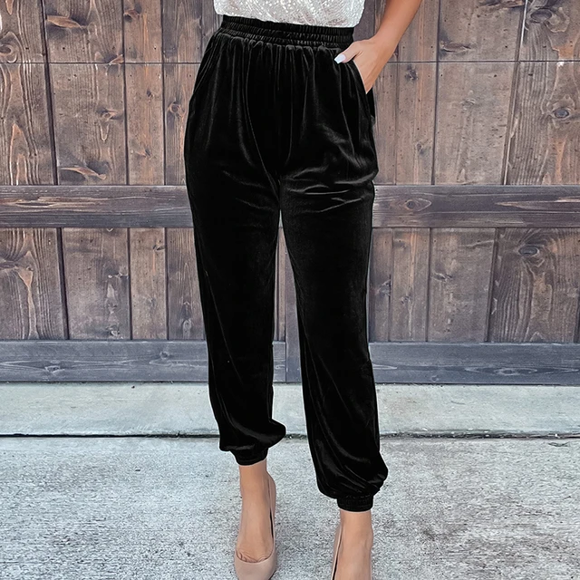 Women's Velvet Pants Loose High Waist Wide Leg Casual Long Trousers Plus  Size | eBay