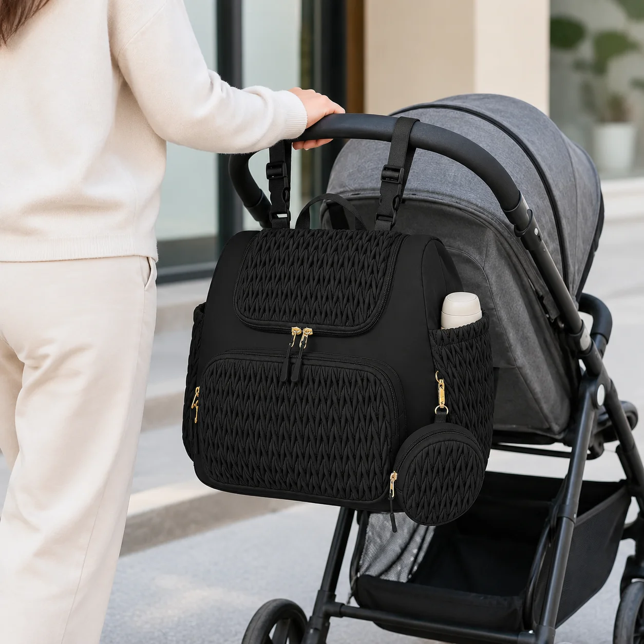 Zaino Fasciatoio per Passeggino con 4 Tasche Termiche per Biberon, Materassino Cambio e Ampia Borsa da Viaggio per Neonati, per Mamma e Papà - immagine 2