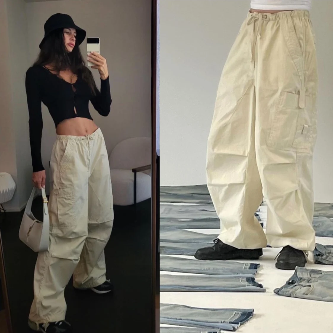 

Women Oversized Airpod Pocket Drawcord Army Green Beige Brown Parachute Cargo Pants