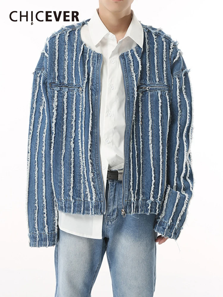

CHICEVER Spliced Tassels Striped Jackets For Women Round Neck Long Sleeve Patchwork Zipper Fashion Loose Denim Coat Female 2023