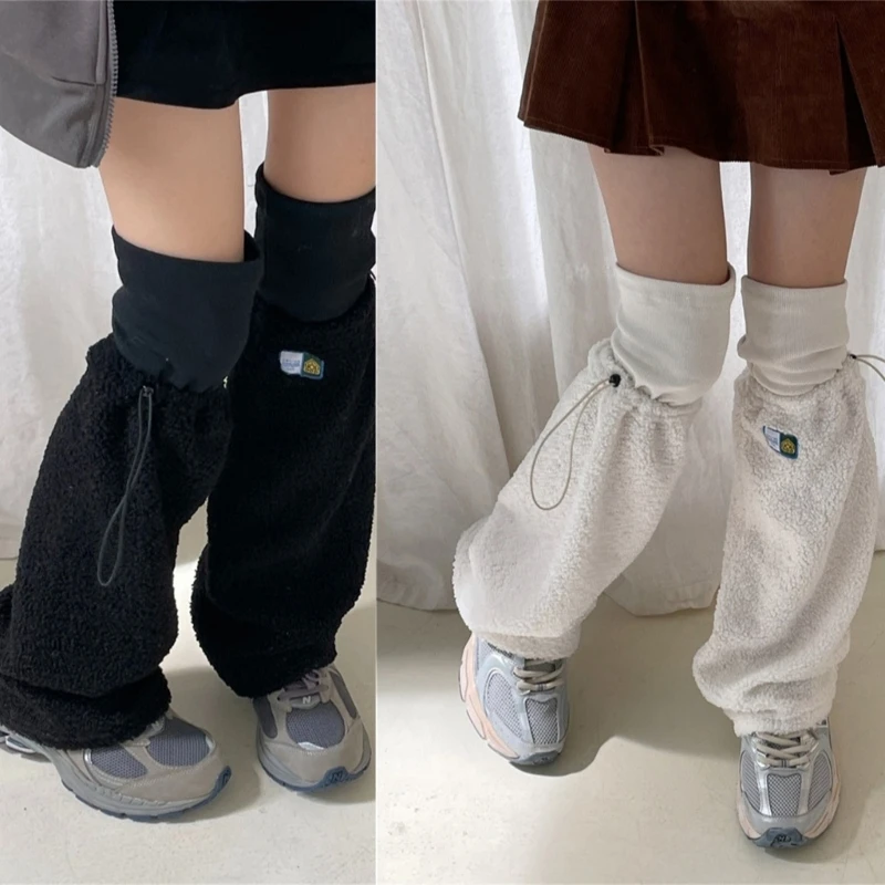 

Women Winter Solid Color Furry Drawstring Leg Warmer Harajuku Gothic Leggings Cover Cuffs Lamb Wool Long Socks