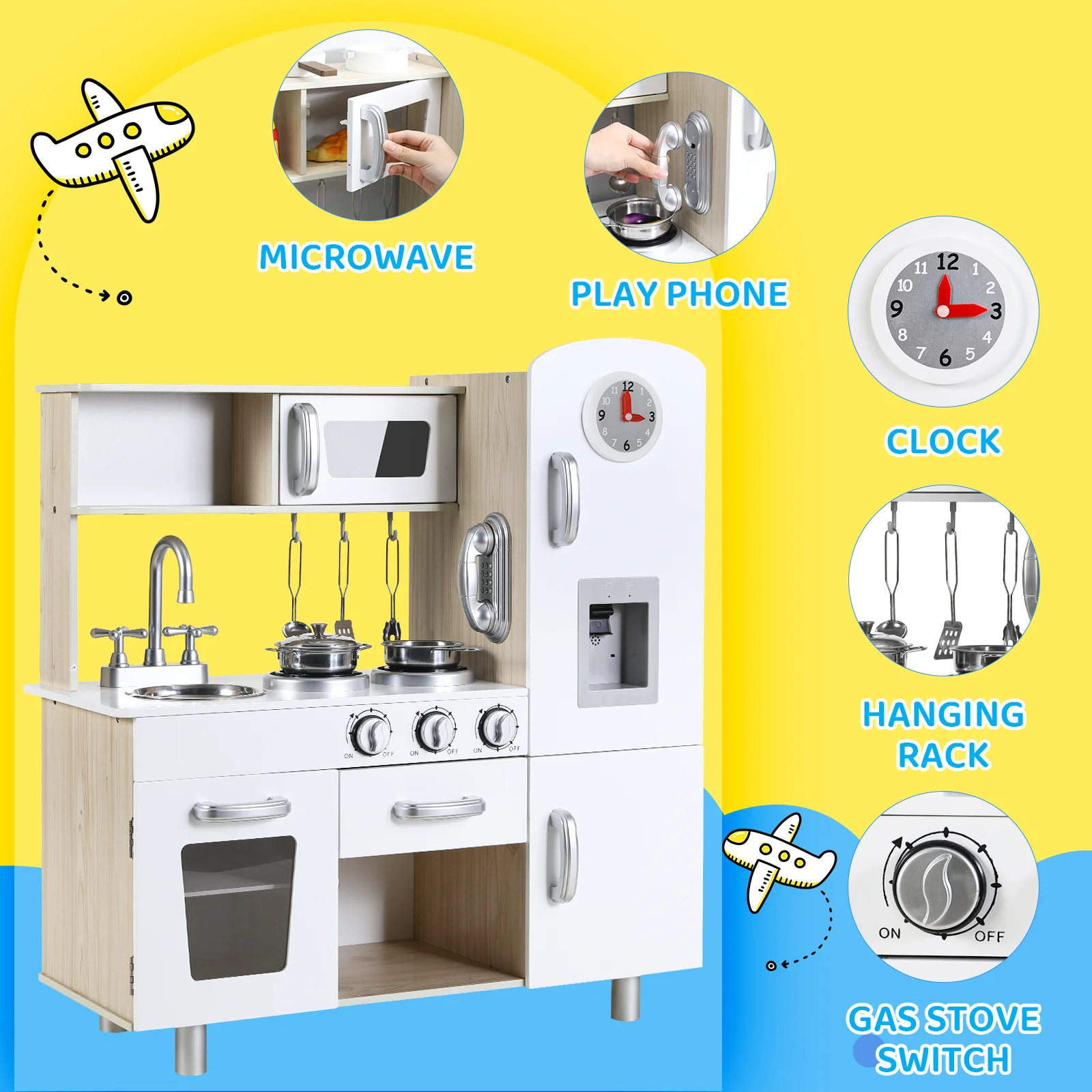 Kids Kitchen Playset, Preschool Cooking Kitchen, Toddler Wooden Pretend Play Toy w/Fridge, Stove, Cookware Utensil 4
