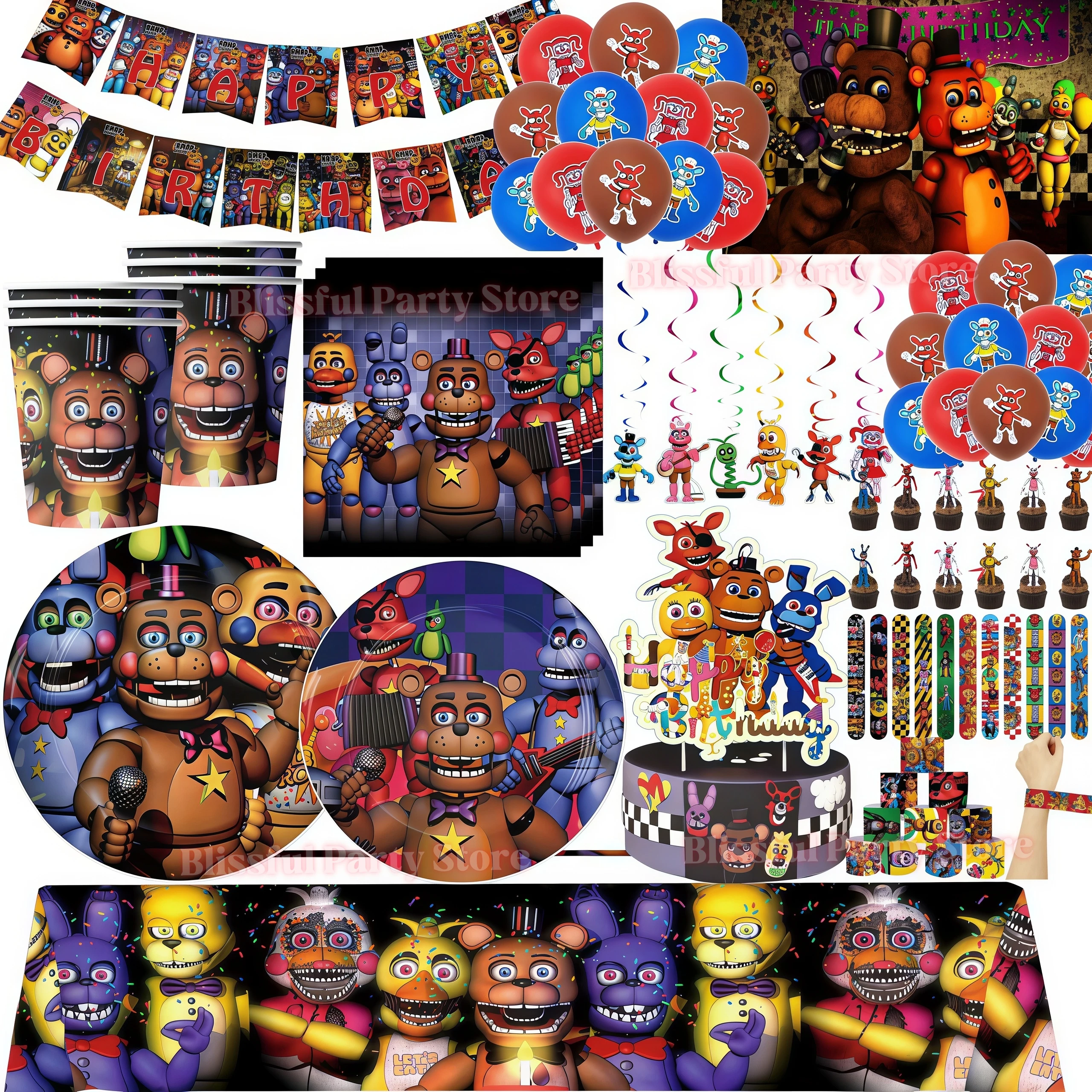 Five Nights at Freddy's Geburtstagsdekorationen: Pappteller, Becher, Kuchenaufsatz, FNAF-Ballons für Jungen, Geschenke, Babyparty-Zubehör