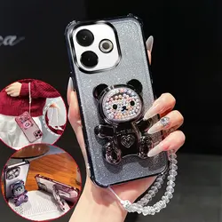 Shockproof Glitter Phone Case with 3D Bear Stand and Crystal Chain Lanyard - Oppo A5 Pro 4G (Black)
