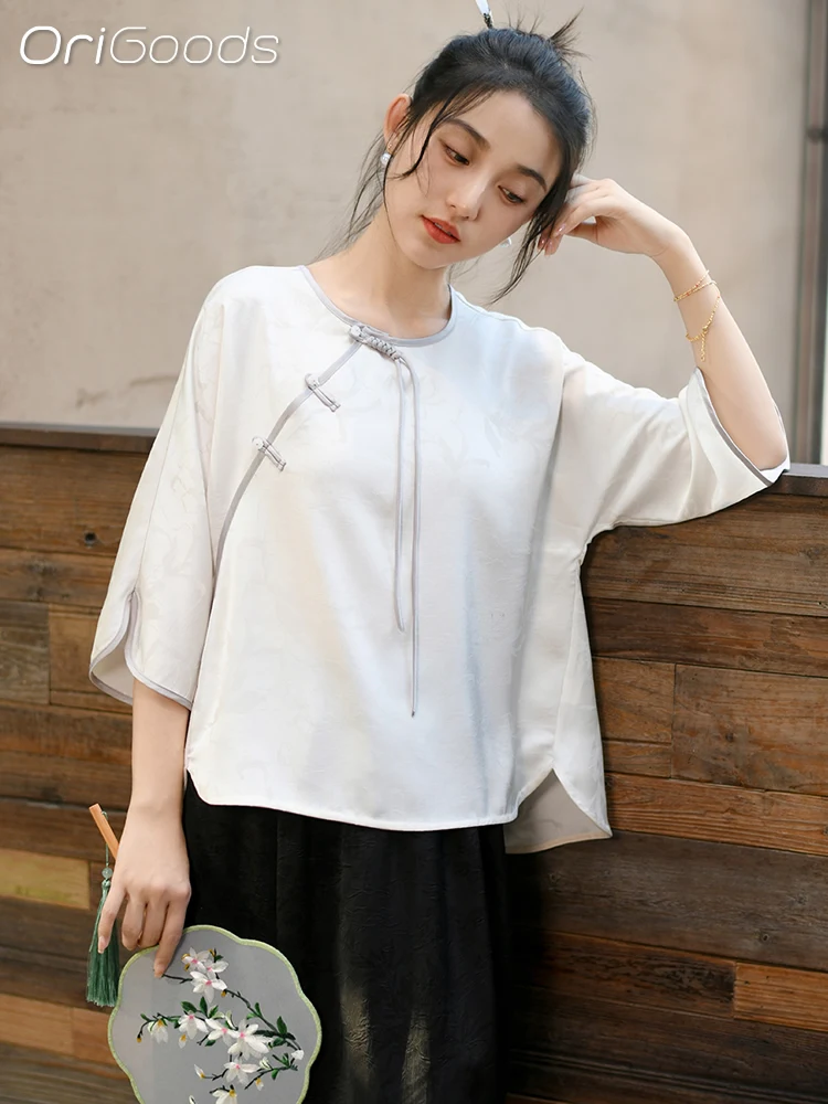 

OriGoods Chinese style Shirt Women 100% Polyester Jacquard Silk-like Fabric Summer Shirt 2024 Retro Traditional Blouse Top Q117