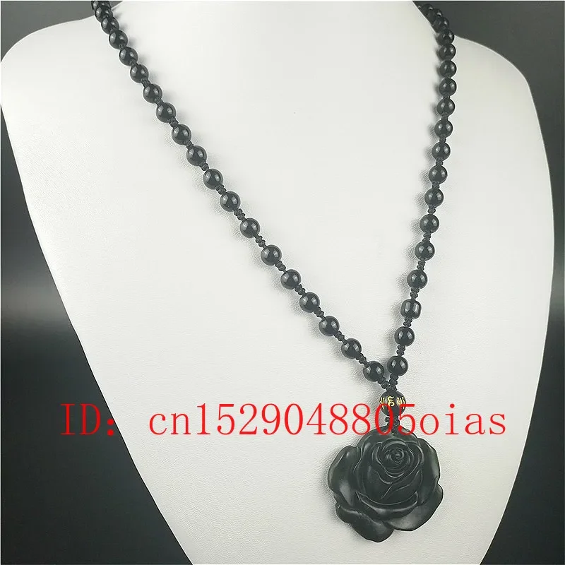 Certified Chinese Natural Black Green Jade Rose Pendant Necklace Obsidian Charm Jewellery Accessories Carved Amulet Gifts