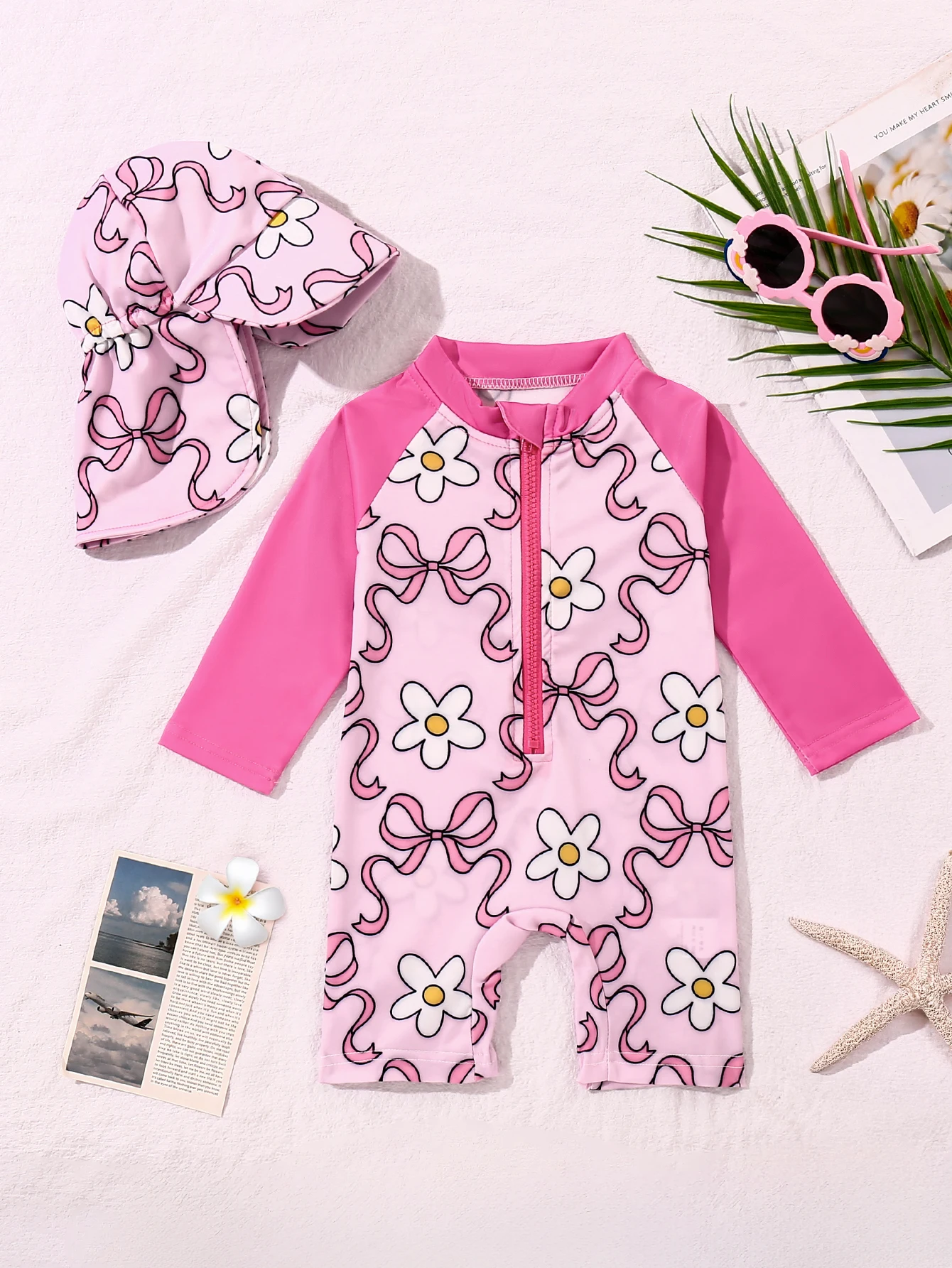 Baby Boys And Girls Cartoon Bow Printed Long Sleeved One-Piece Swimsuit Swim Cap kids swimsuits
