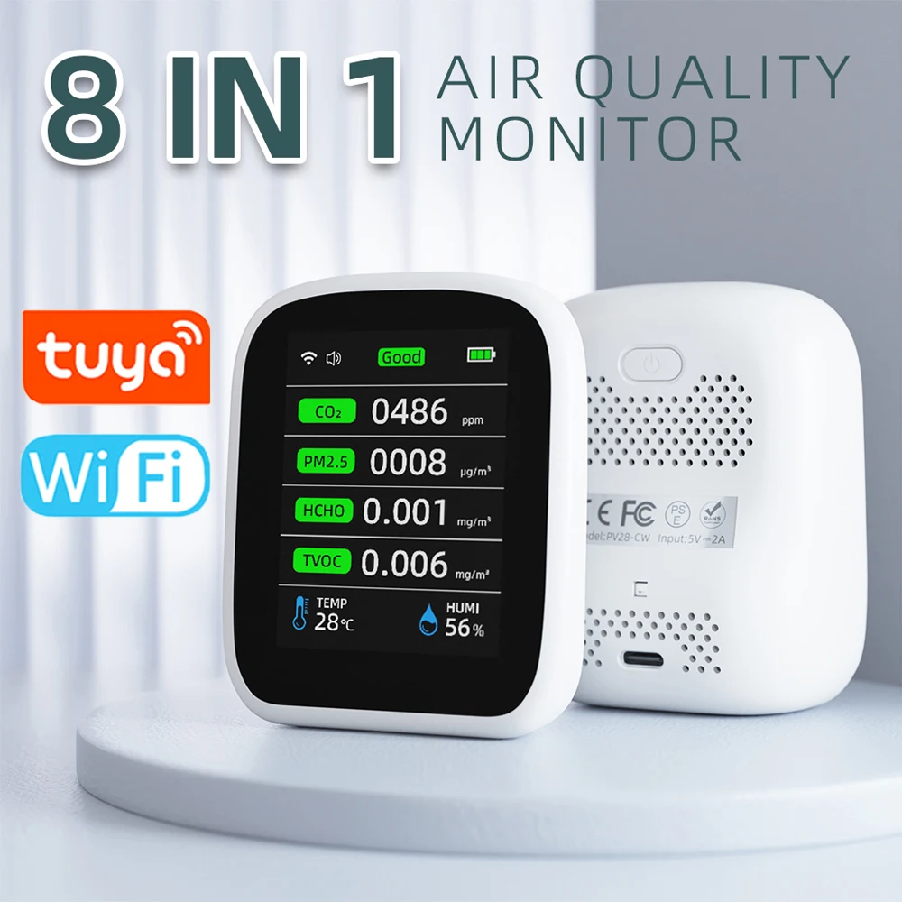 Tuya WIFI 8 In 1 Air คุณภาพ CO2 HCHO TVOC PM1.0 PM2.5 PM10 เครื่องทดสอบอุณหภูมิความชื้นเมตรเครื่องตรวจจับคาร์บอนไดออกไซด์ 1
