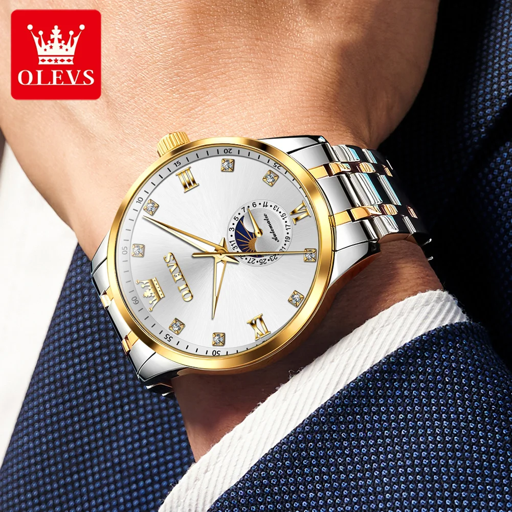 OLEVS 7041 Automatic Watch For Men Luxury Stainless Steel Mechanical Business Wristwatch Moon Phase Date Waterproof Man Watches