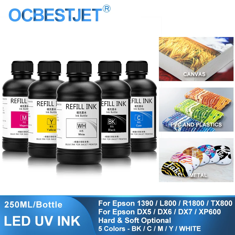 LED UV Ink 5&times;250ML For DX4 DX5 DX6 DX7 DX10 TX800 XP600 Printhead For Epson 1390 L800 L1800 L805 R1800 R1900 UV Flatbed Printer