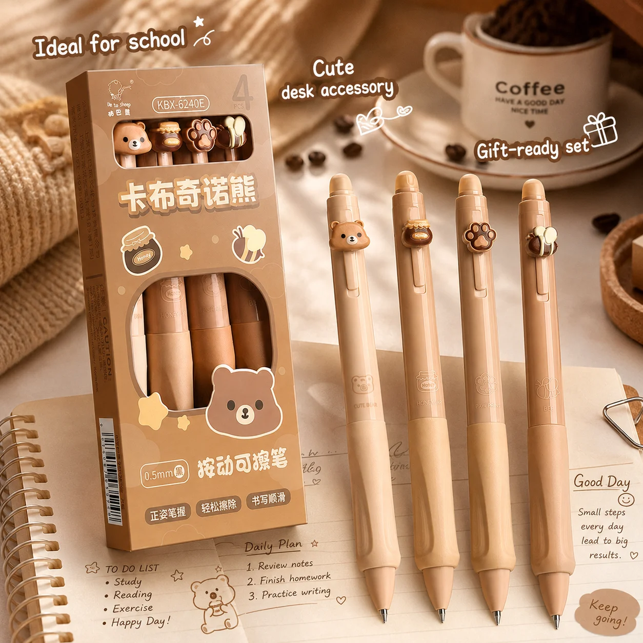 4 penne cancellabili Cappuccino Bear per la scuola, per scrivere, con inchiostro blu creativo, set di cancelleria per ufficio e scuola. - immagine 4