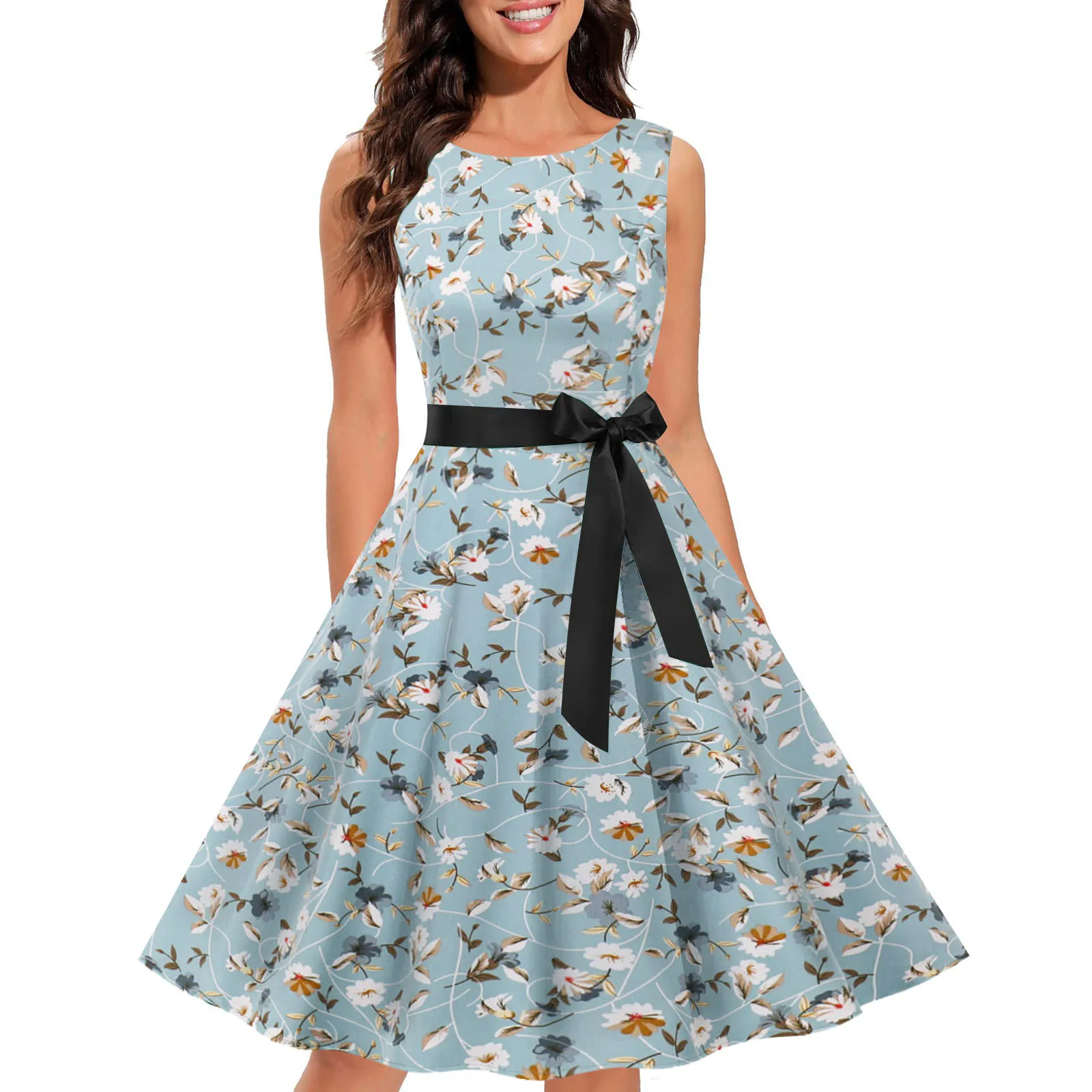 

Women's Dresses Retro Casual Print Crew Neck Sleeveless Waist Fashion Belt Dress