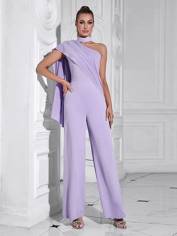 Purple Floral Square Neckline Stretch High Waist Jumpsuit