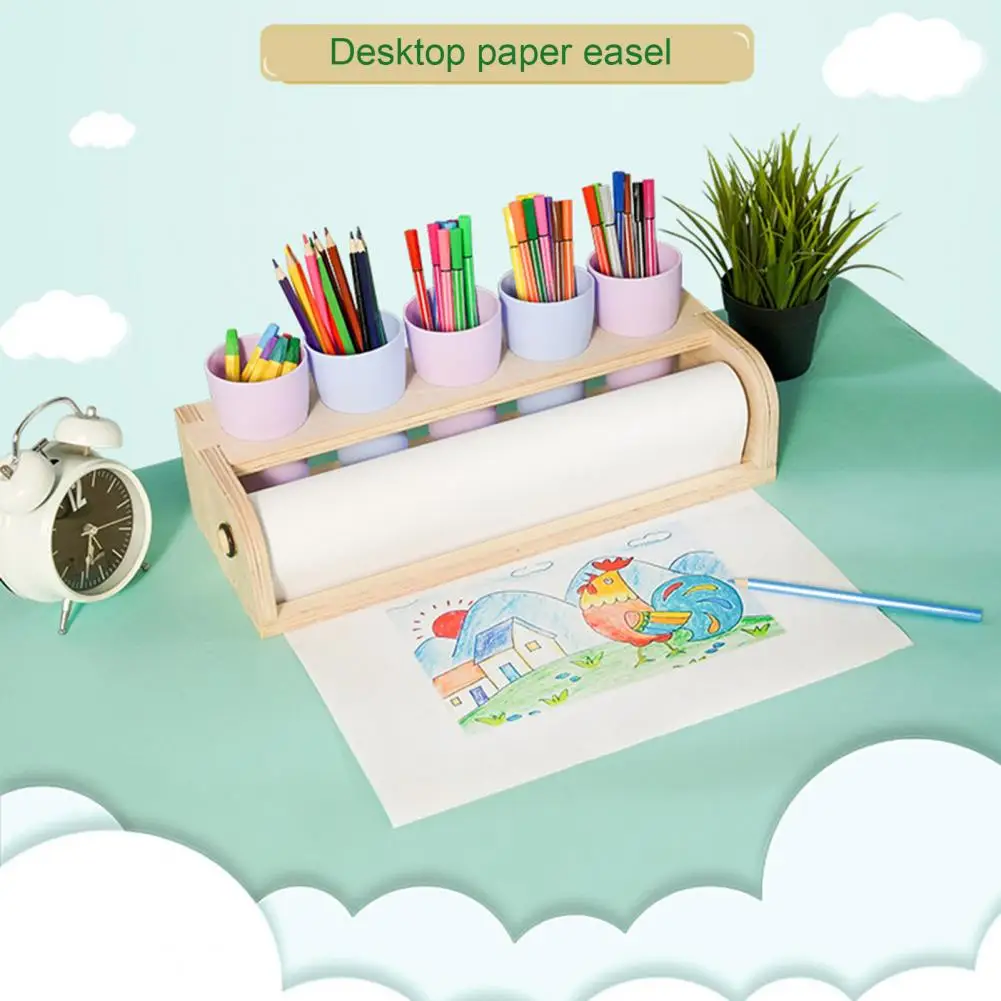 Wooden Paper Dispenser Desktop Paper Roll Holder Drawing Roll Organizer with Pen Holder for School Art Studio Home
