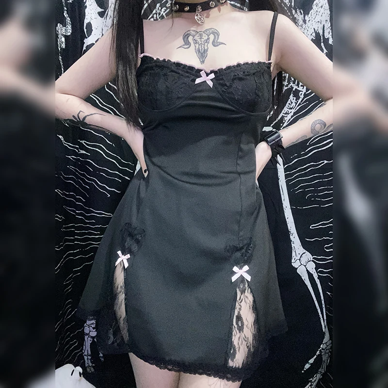 

Модное женское платье с кружевной отделкой контрастных цветов, женское платье без рукавов на бретелях-спагетти с бантом, женское платье с черным бантом, уличная одежда