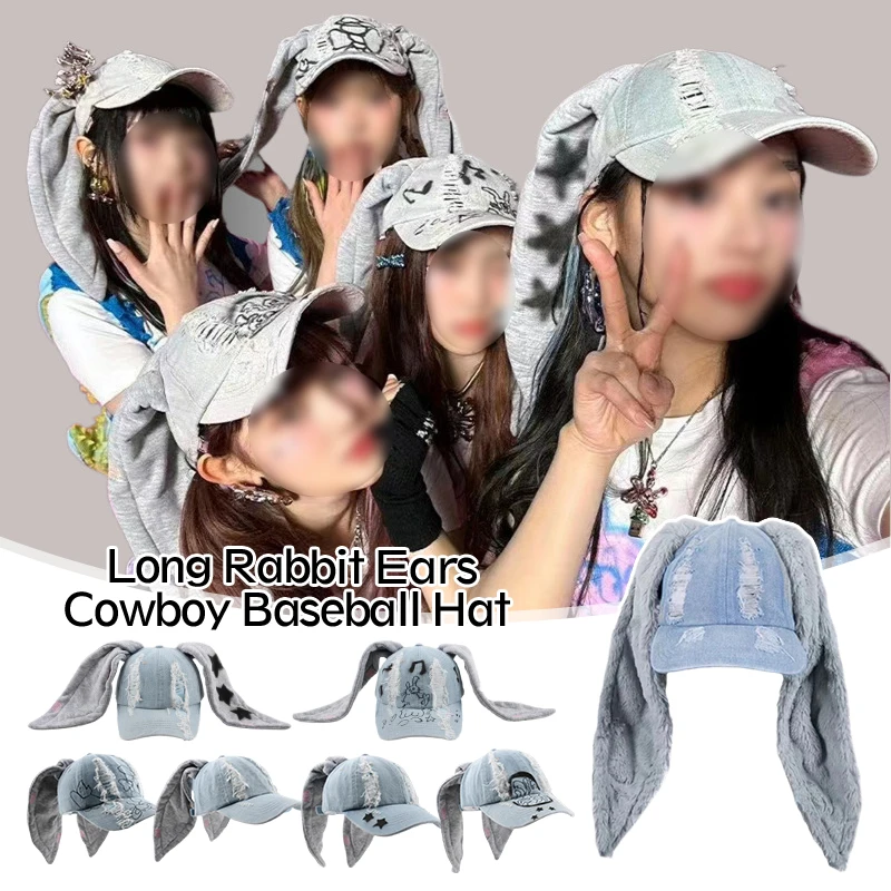 Niche Y2k Rabbit Ears Denim Ripped Baseball Cap Men and Women Dark ...