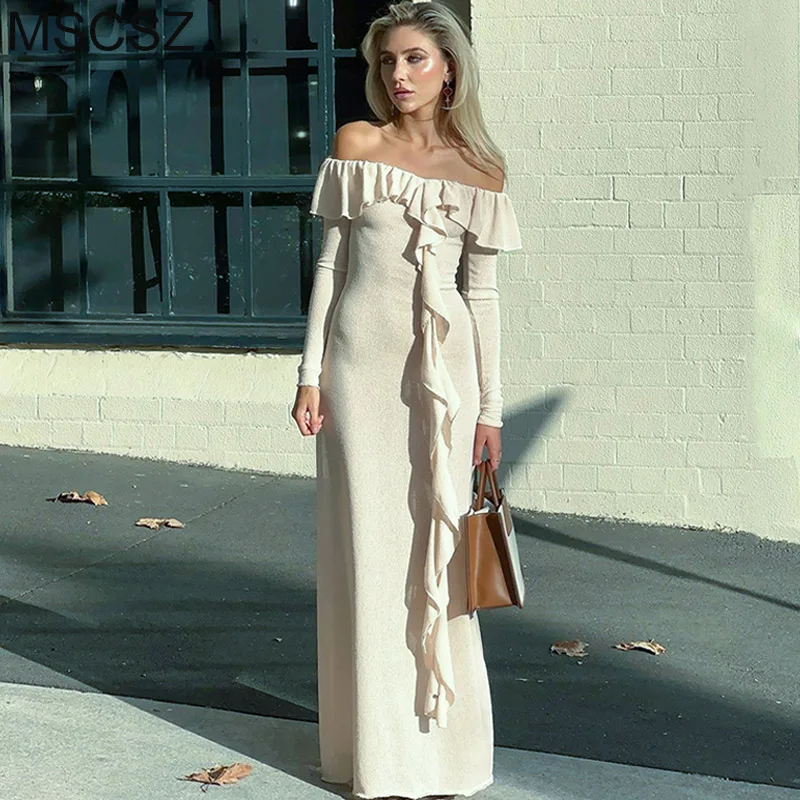 

Elegant Knitted Long Dress With Ruffles Off Shoulder Long Sleeve Maxi Dress Fashion Autumn Winter Party Dress