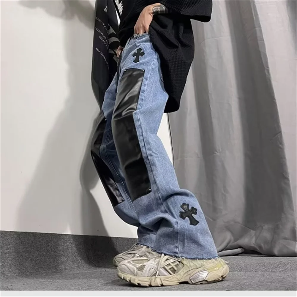 High Street Color Block Spliced Washed Jeans Mens Oversize Wide Leg Straight Denim Flare Pants Retro Loose Casual Trousers