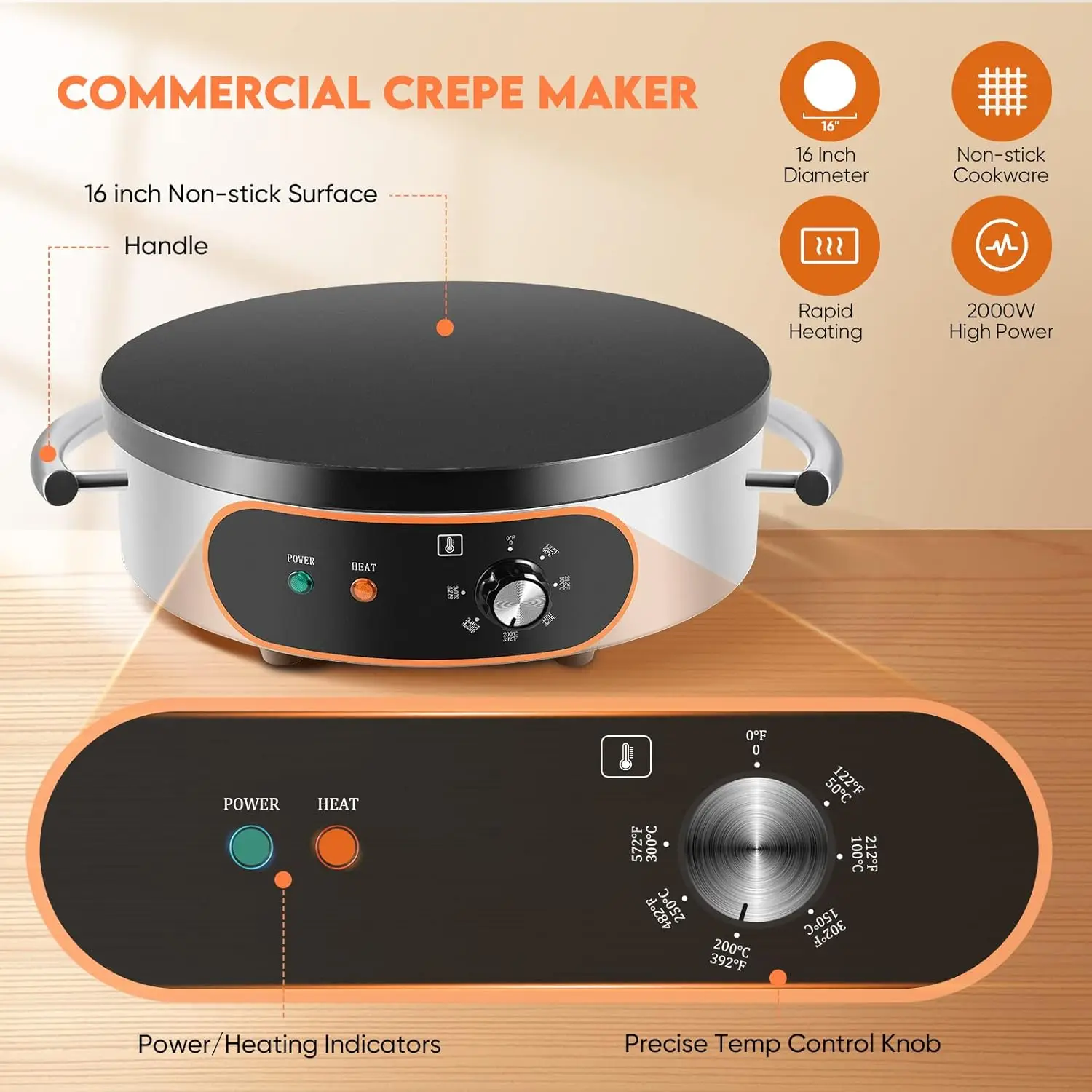 Commercial Crepe Maker, 16" Non-Stick 2000W Electric Crepe Machine Adjustable Temperature Control, Thickened Cast Iron Cooking S 2