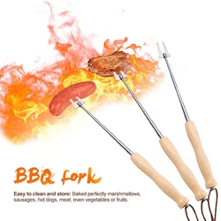 Retractable Rugged Wood Handle Barbecue Fork Grill Bar Stainless Steel BBQ Needle Hot Dog Telescopic Fork Child Safety Roasting