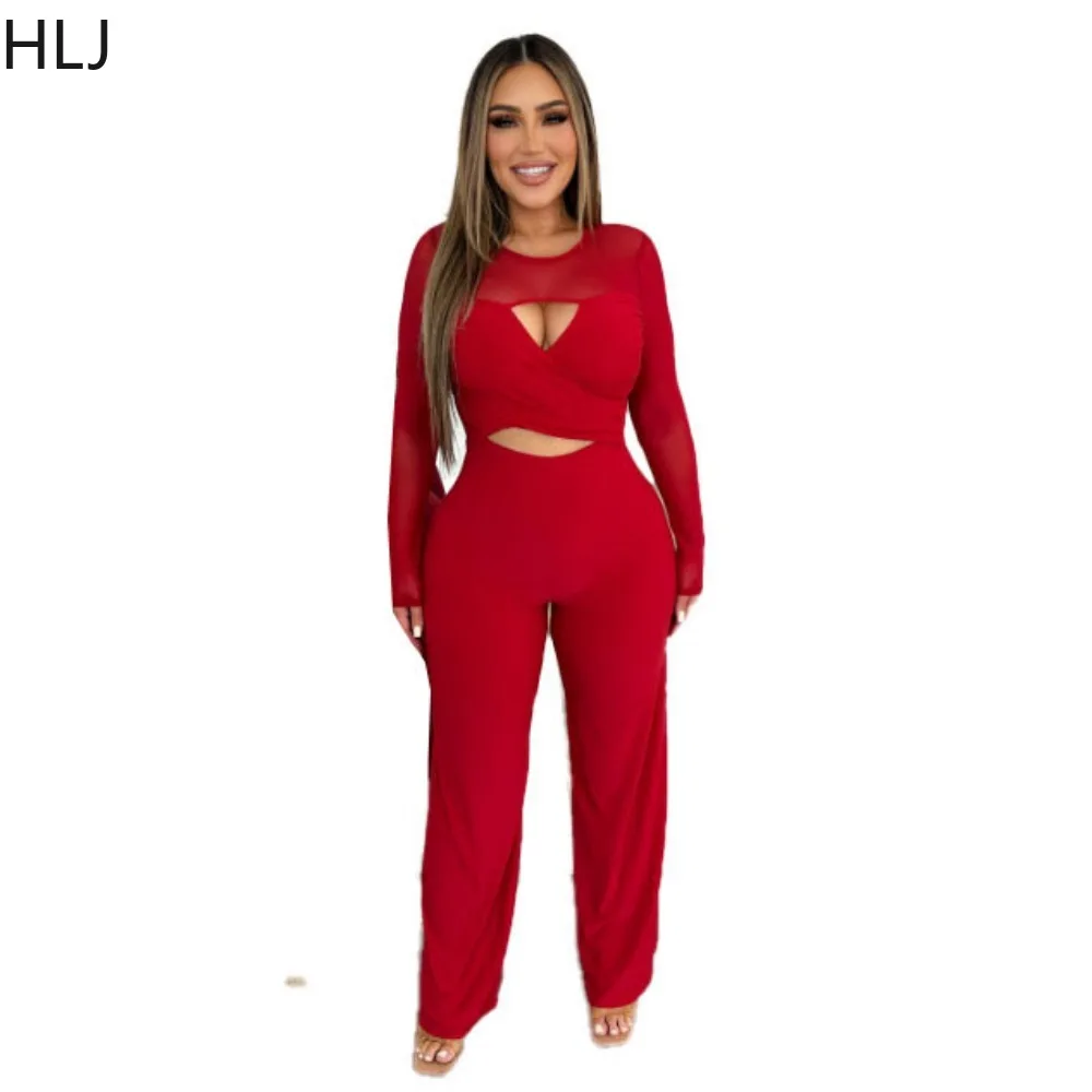 HLJ Red Spring New Patchwork Hollow Jumpsuits Women Round Neck Long Sleeve Wide Leg Pants One Piece Playsuits Casual Overalls