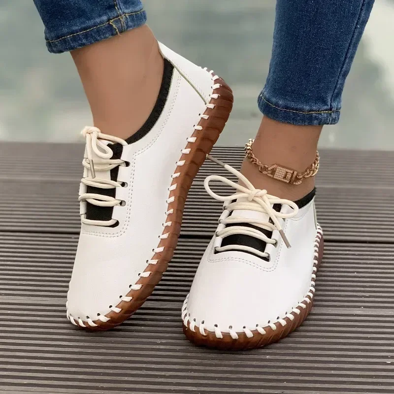 

Sneakers Women Leather Loafers Shoes for Women Comfortable Slip on Shoes Hand Sewing Thread Mom Shoes Zapatillas De Mujer