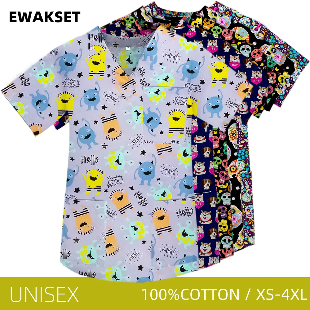 Cartoon Scrub Tops monster Printed Short Sleeve V-neck medical pharmacist Dentist uniform Nursing Blouse surgical Shirt Unisex