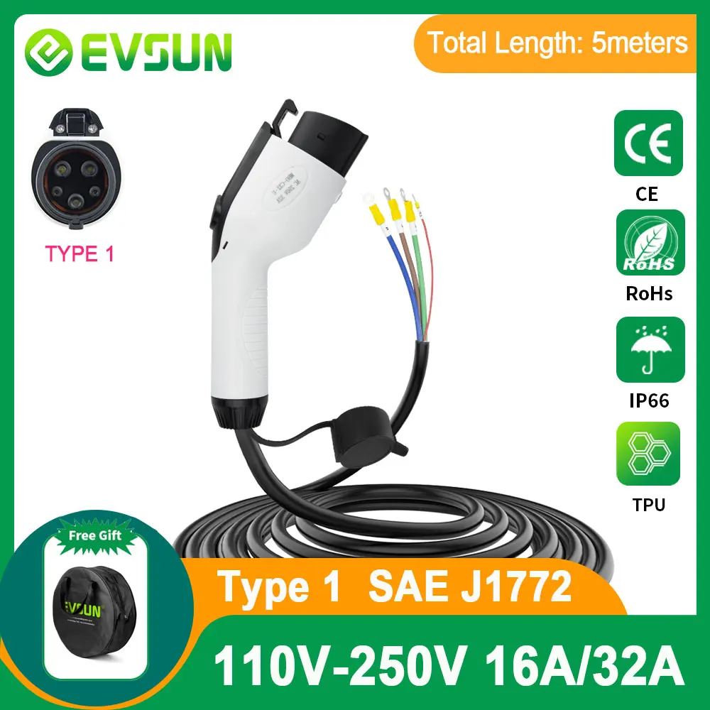 Evsun ev Ladestecker Typ 1 Kabel sae j1772 Stecker 16a 3,5 kW 32a 7kw 5m  für Ladestation für Elektro fahrzeuge evse wallbox