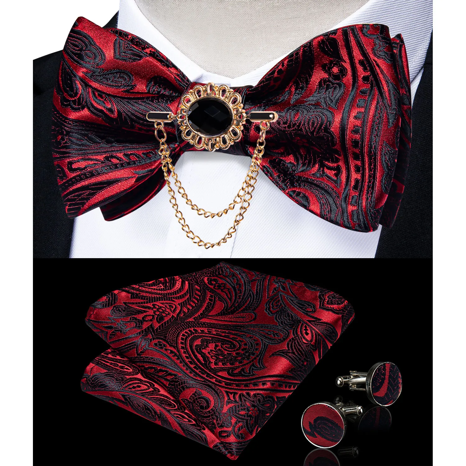 Exqusite Men's Self-tie Bowties Wedding Neck Ties For Man Accessories Cufflinks Hanky Brooch Set Red Black Yellow Blue Bowtie