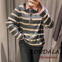 KONDALA Fashion Vintage 2026 Spring Striped Polo Women Knit Shirt Casual Loose Buttons Long Sleeve Streetwear Female Chic Tops - Image 3
