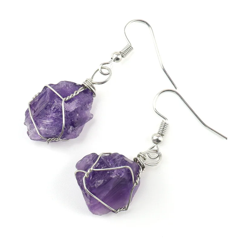 Wire Wrapped Natural Crystal Rough Stone Irregular Raw Ore Dangle earrings Energy Healing Gemstone Amethyst Earring Women Jewely