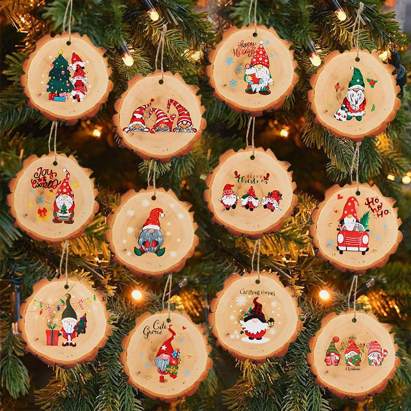 12/24Pcs Christmas Wooden Ornament Cartoon Santa Claus Rustic Wood Slice New Year Home Decoration Xmas Tree Hanging Pendant Gift