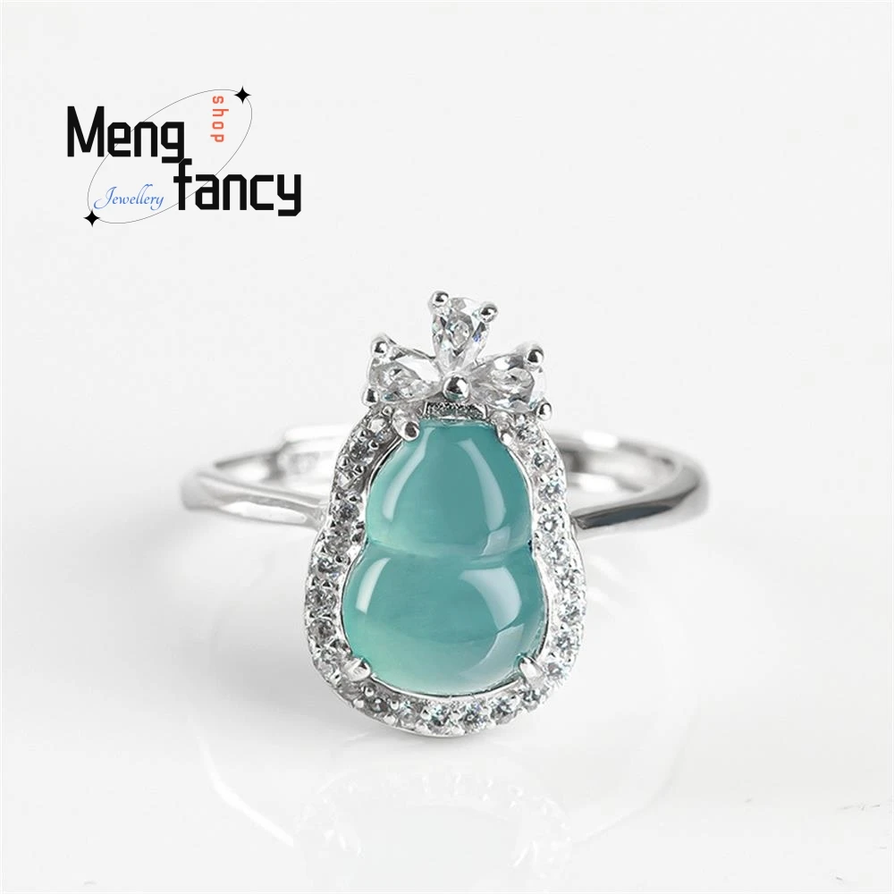 

S925 Silver Inlaid Natural A-goods Jadeite Blue Water Gourd Ice Jade Ring Adjustable Exquisite Elegant Luxury Fashion Jewelry