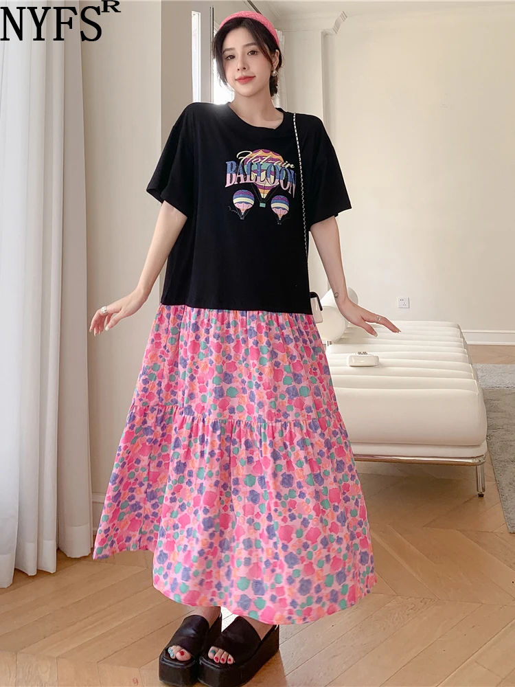 

NYFS 2023 Summer New Korea Print Woman Dress Vestidos Robe Ete Femme Elbise Loose Patchwork Hem Short Sleeve Long Dresses