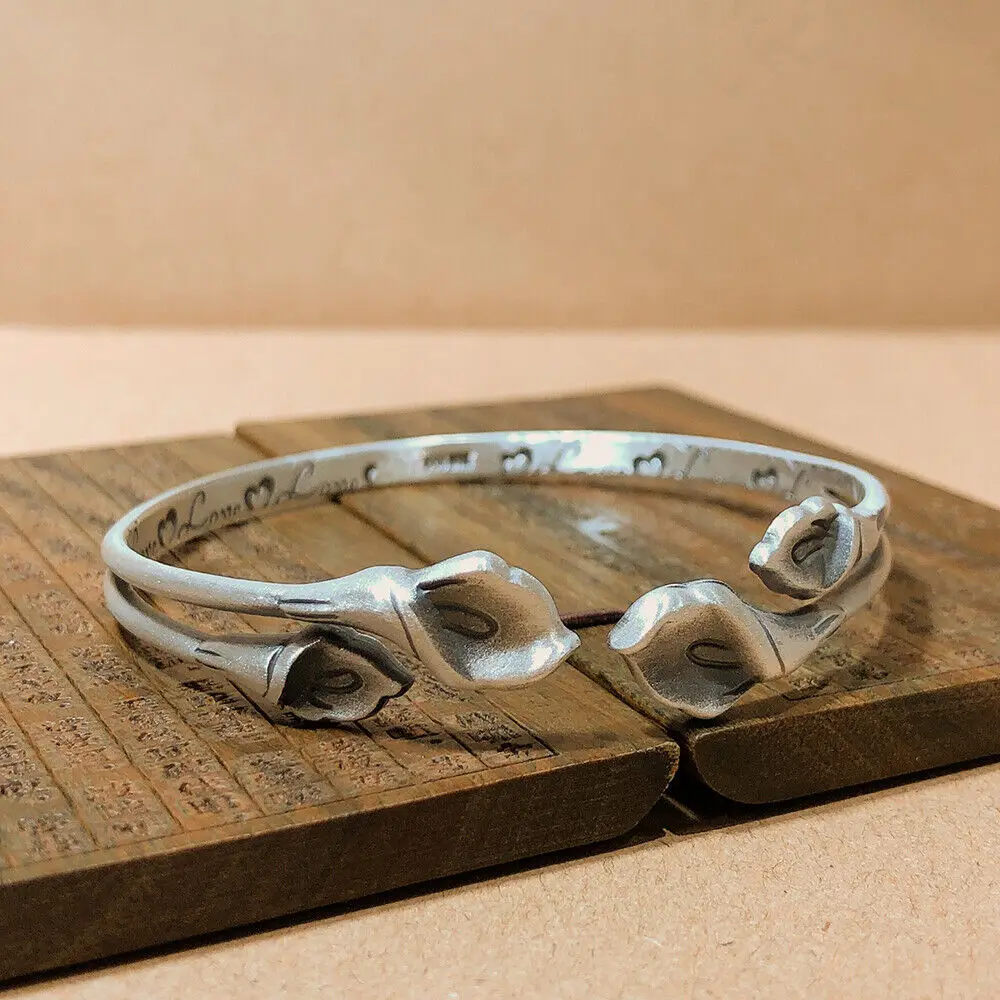

Solid 999 Fine Silver 9mm Tulip End Cuff Open Bangle 2.36 Inner Diameter