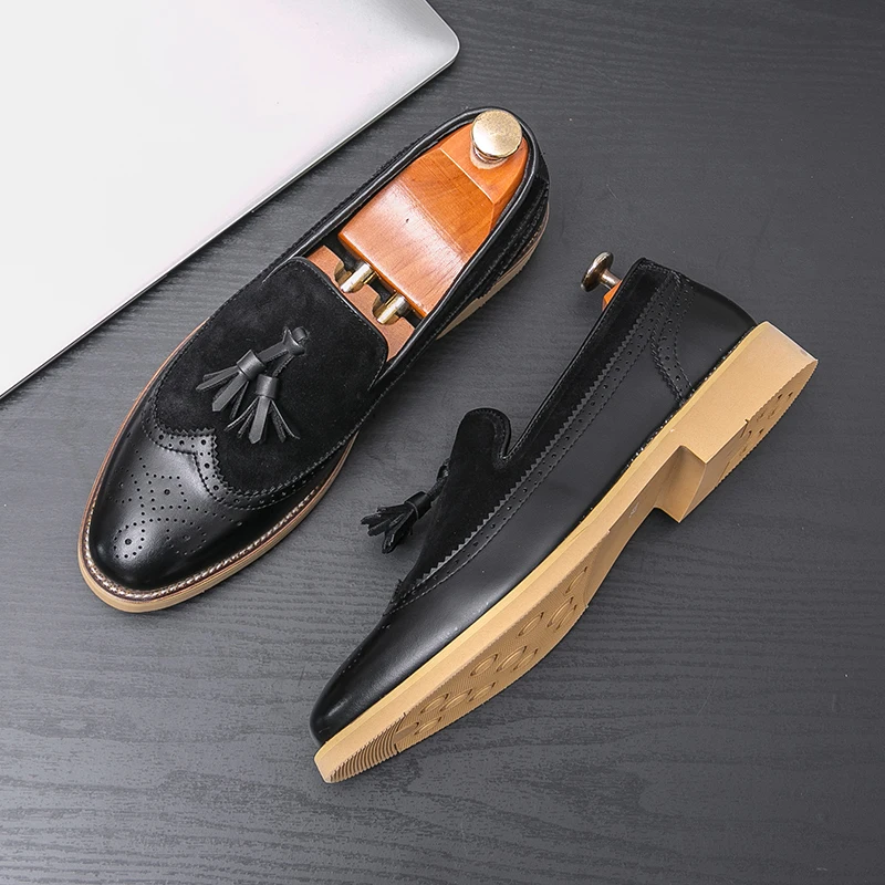 Men Brogues Fashion Tassel Loafers Slip on Designer Wedding Dress Shoes Leather Oxfords Office Business Formal Shoes Big Size 47