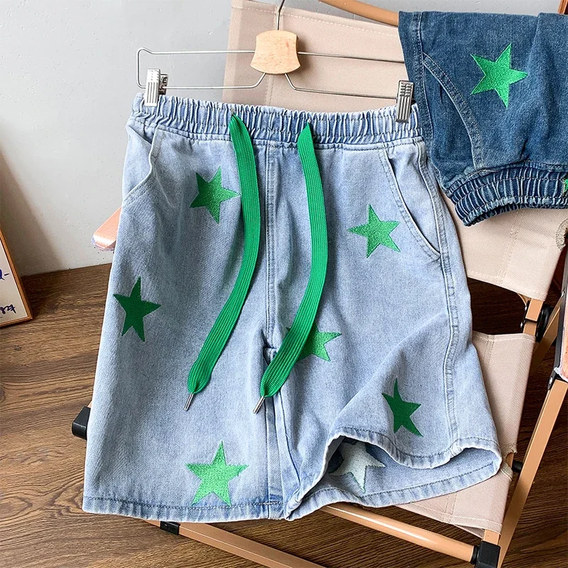 Star Patchwork Blue Color Jeans Summer Men Denim Shorts Trendy Streetwear Five-point Pants Straight Jeans Shorts