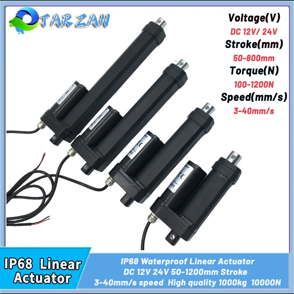 IP68 방수 12V/24V 선형 액추에이터 고추력 전기 푸시로드 50-800mm 스트로크 태양 추적기 도어 자동화 40mm/s
